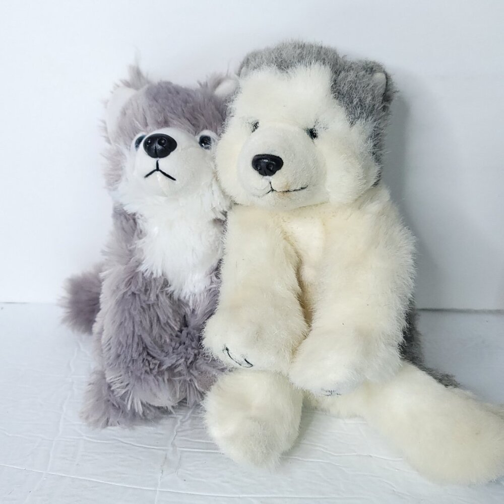 Lot of 2 Husky Grey White Puppy Dogs Brown Soft Plush Stuffed Animals Toys